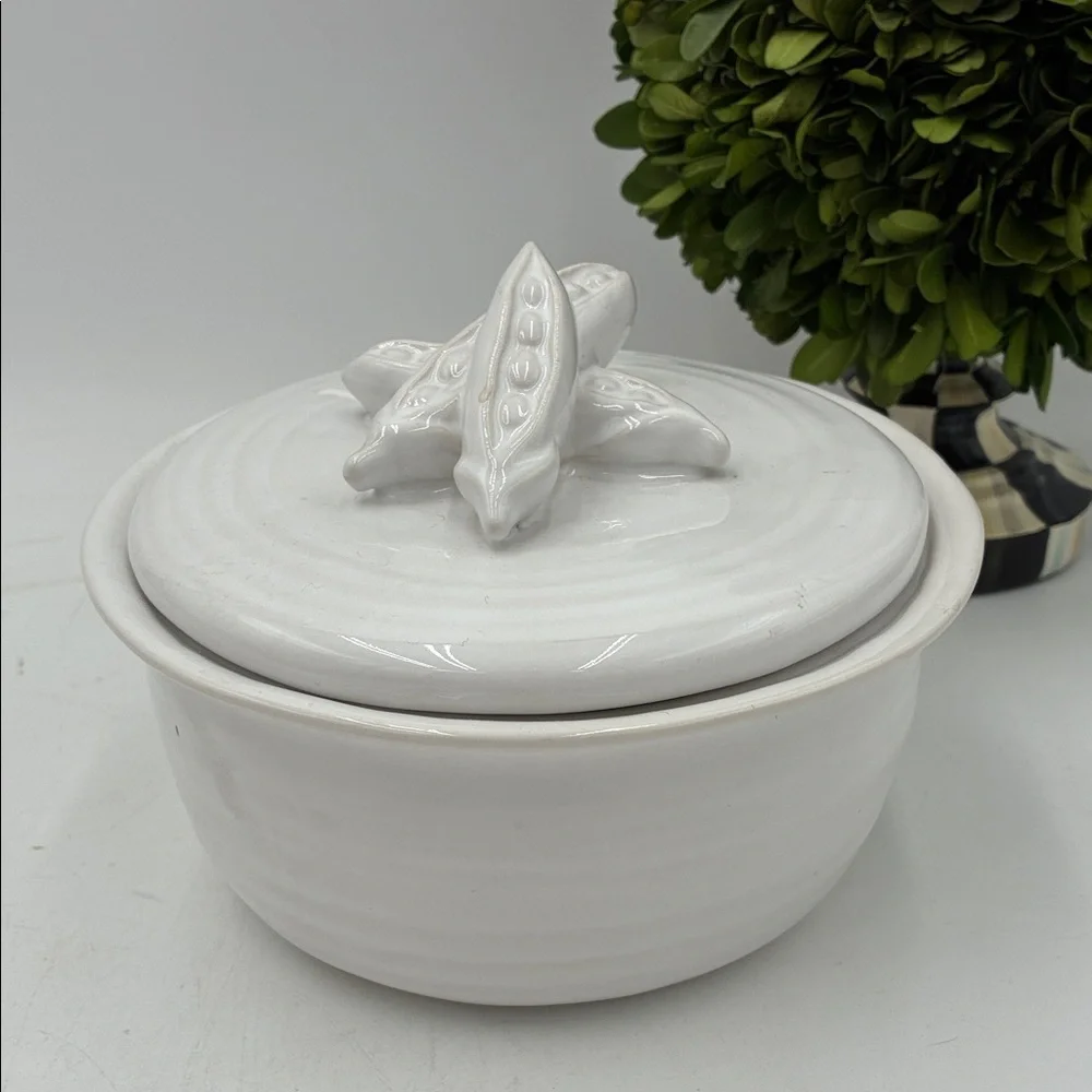 Williams Sonoma White Ceramic Lidded Bowl with Peapod Design